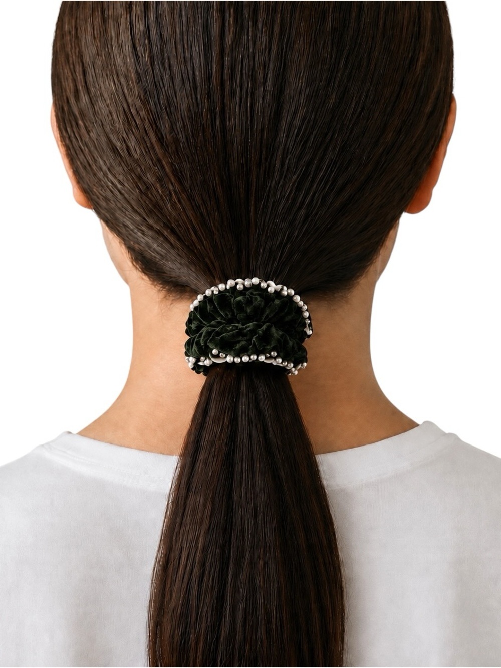 New Olive Green Velvet Allover White Pearl Rhinestone Comfy Scrunchie Hair Tie